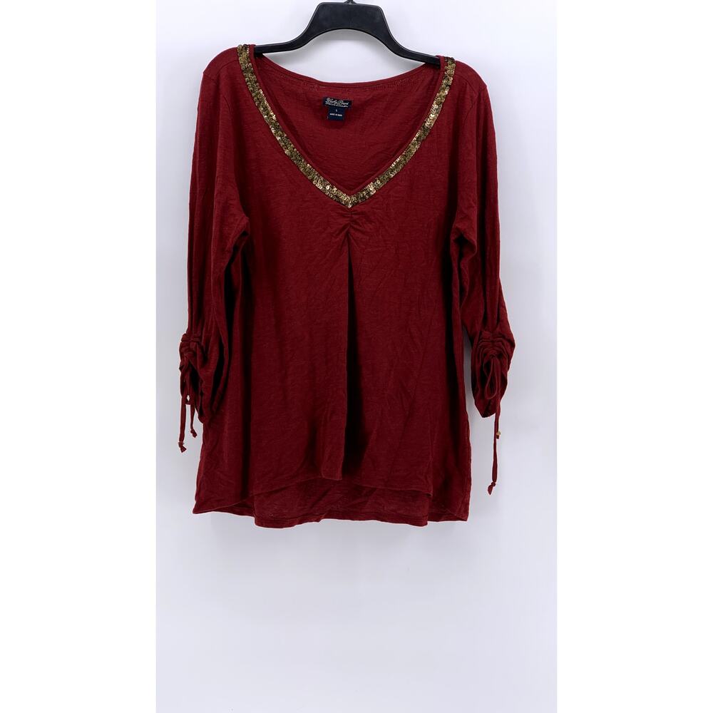 LUCKY BRAND Women's Burgundy Sequin V-Neck Sweater SZ L